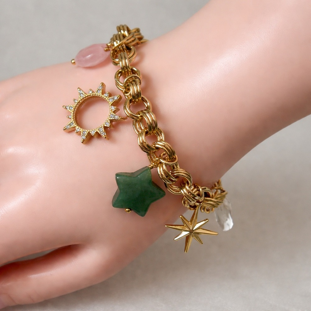 ! Luna Norte Toggle Brass Bracelet Gold Color w Green and Pink Stones Accents